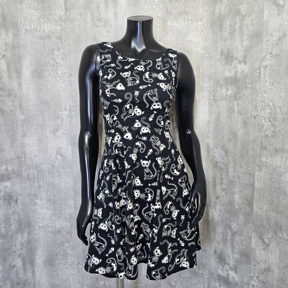 Folter Womens XS Glow in Dark Skeleton‎ Cats Black White Tank Fit & Flare Dress